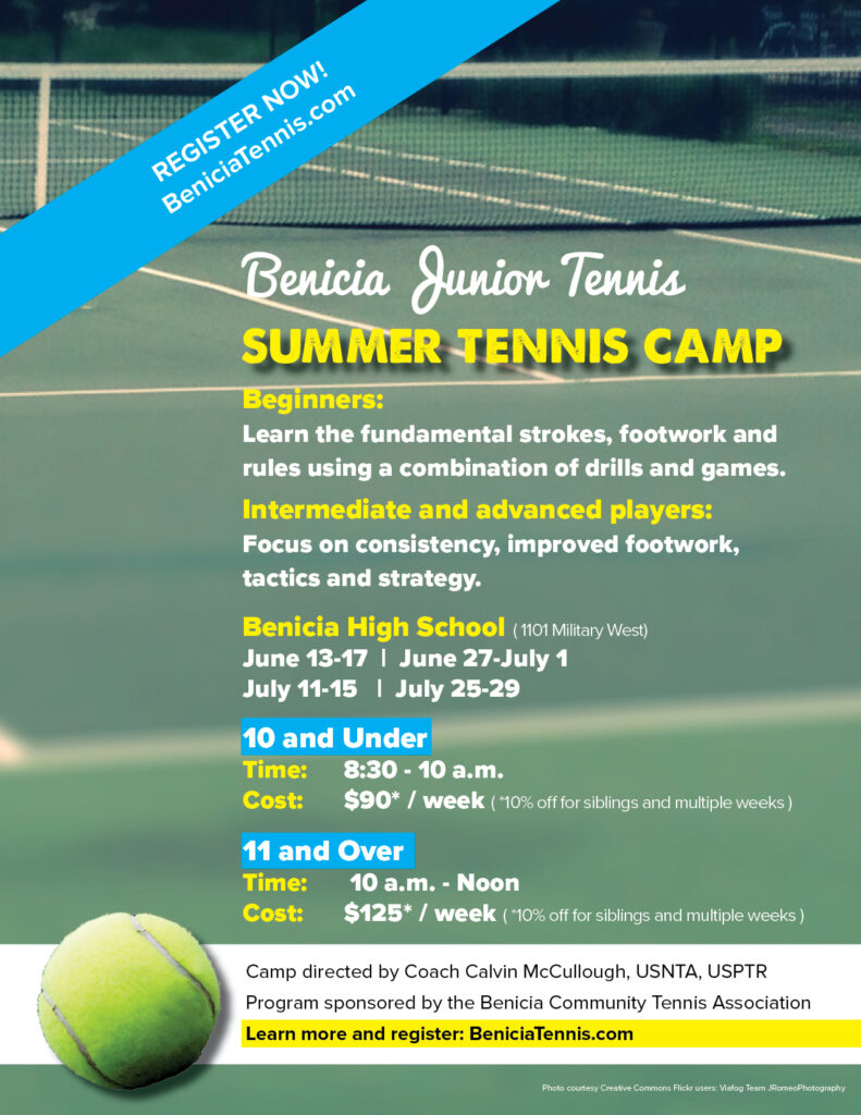 Image of BCTA Summer 2022 junior tennis flyer with dates, times and location of camps.