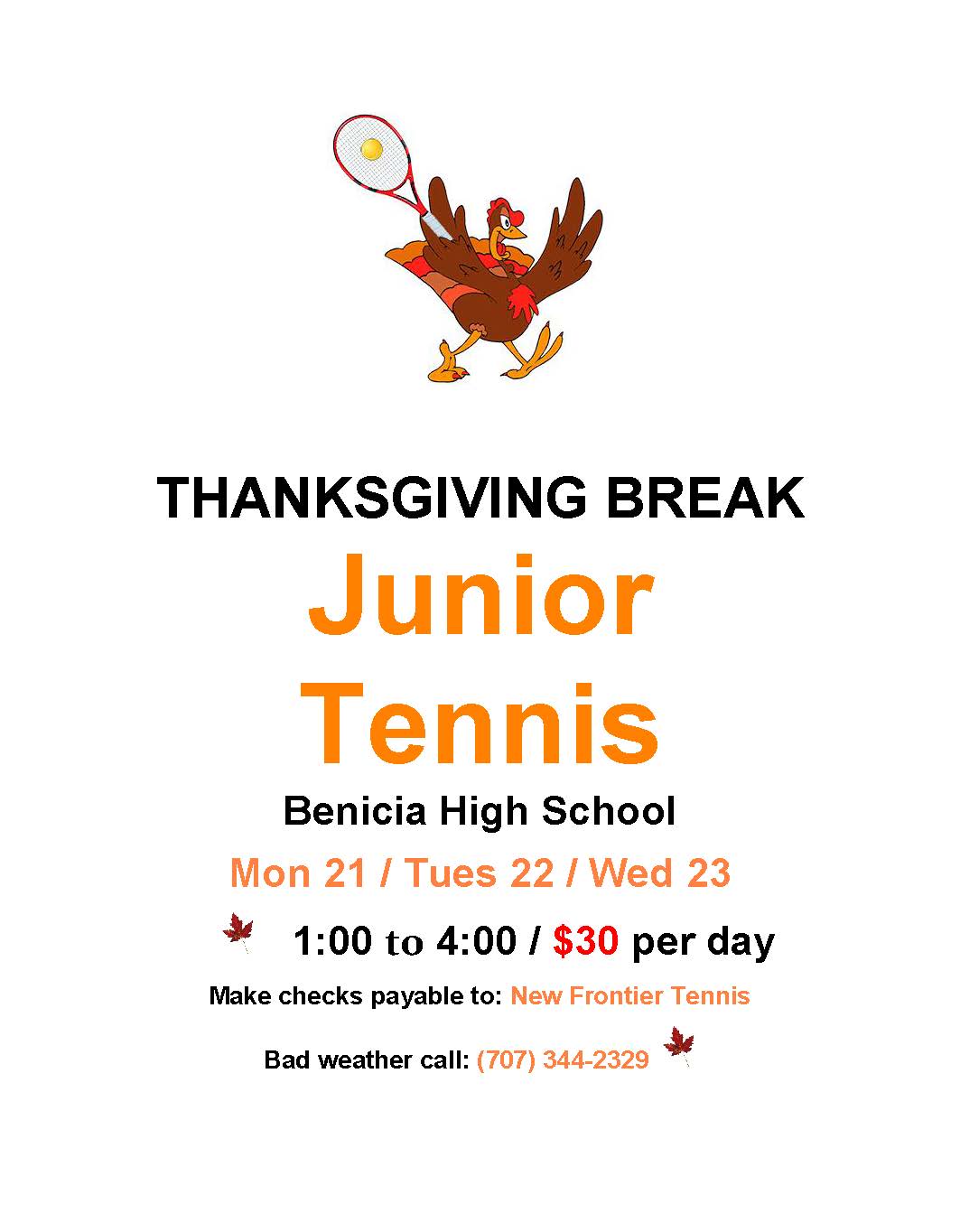 Thanksgiving Break Junior Tennis Benicia Community Tennis Association