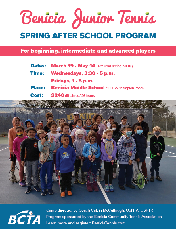 Image of 2025 Benicia Junior Tennis Spring After School program flyer.